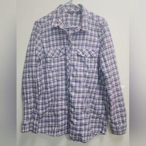 VINTAGE Eddie Bauer Purple, White Cream and Black Plaid Flannel Woman’s XL